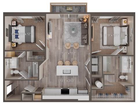 Floor plan for 2 beds, 2 baths, 1023 sqft